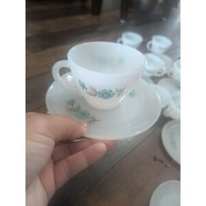 Fire King Blue Floral Milk Glass Tea Cup & Saucer Set – 11 Sets + 2 Extra Plates